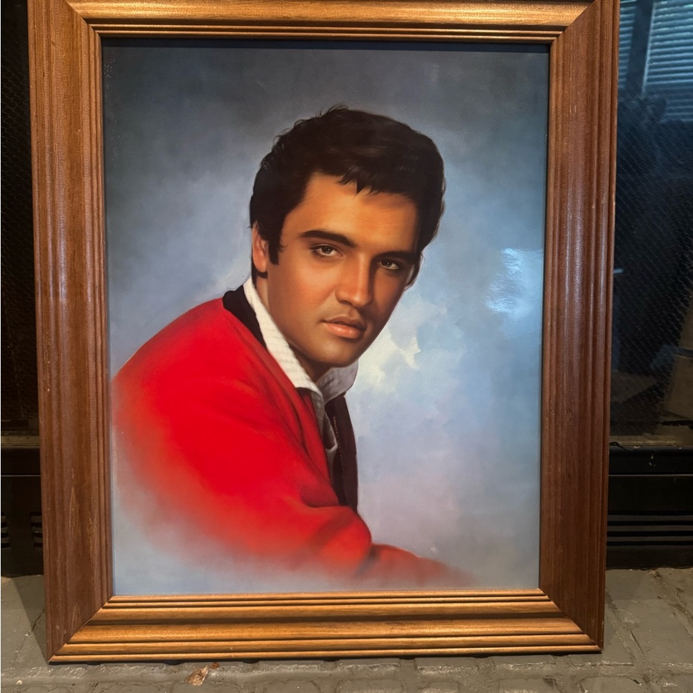 Vintage Portrait in Wooden Frame of Elvis Presley